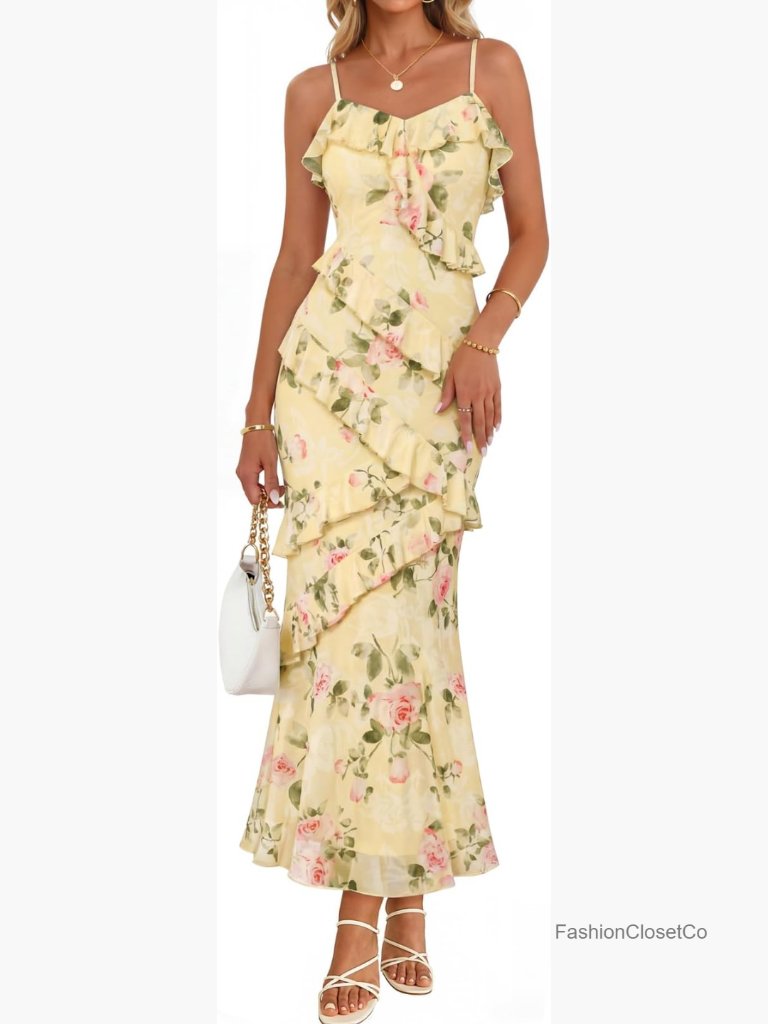 Floral Print Spaghetti Strap Bodycon Ruffle Maxi Dress Women Cocktail Formal